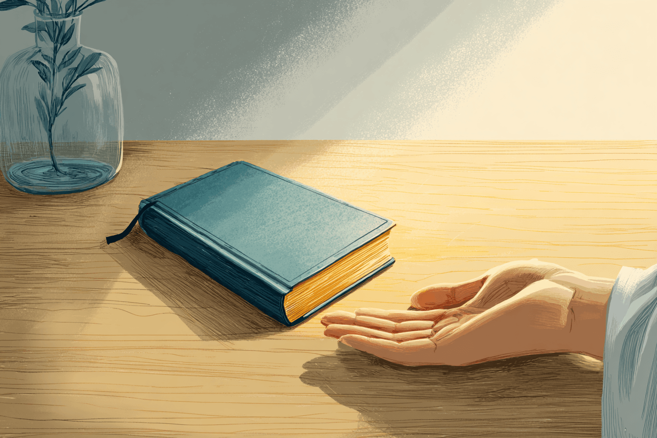 A closed journal resting on a desk in warm light, beside an open hand