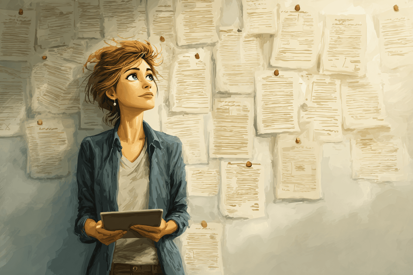 A foundation doctor in front of a wall of pinned portfolio evidence